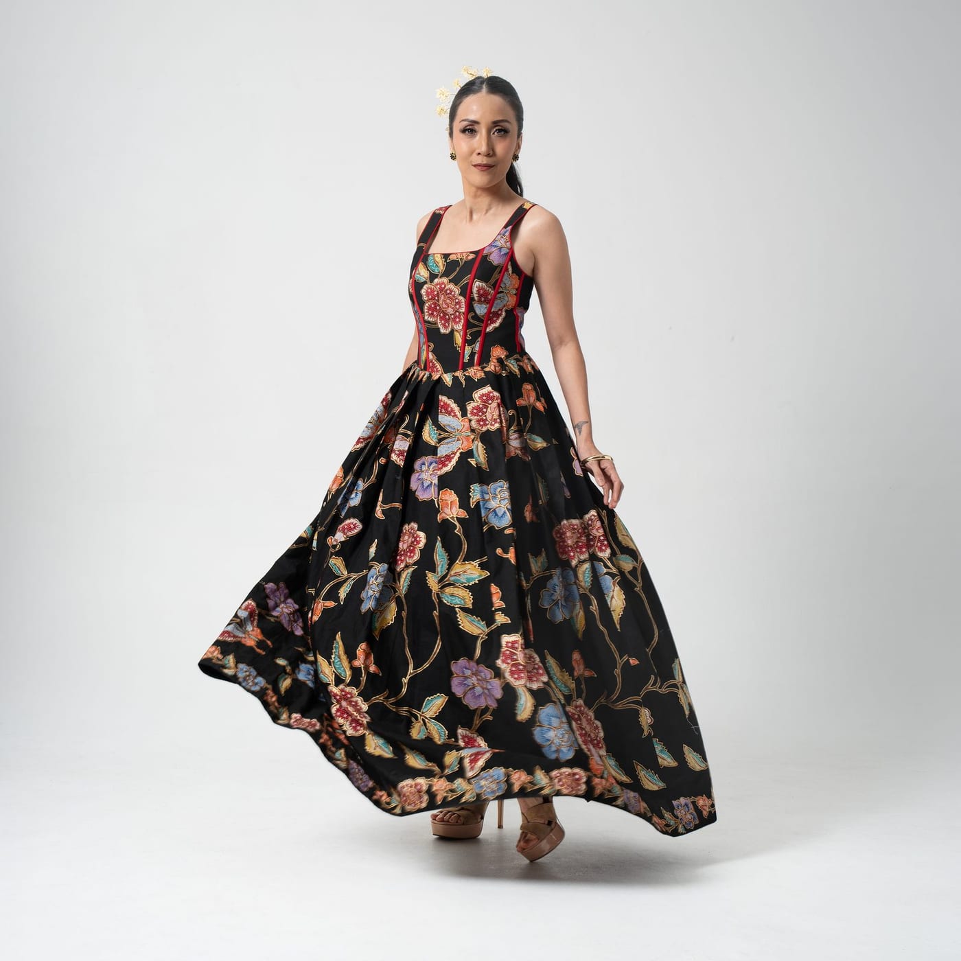 Black Floral Gown, a garden in bloom on black sweeping into a full skirt
