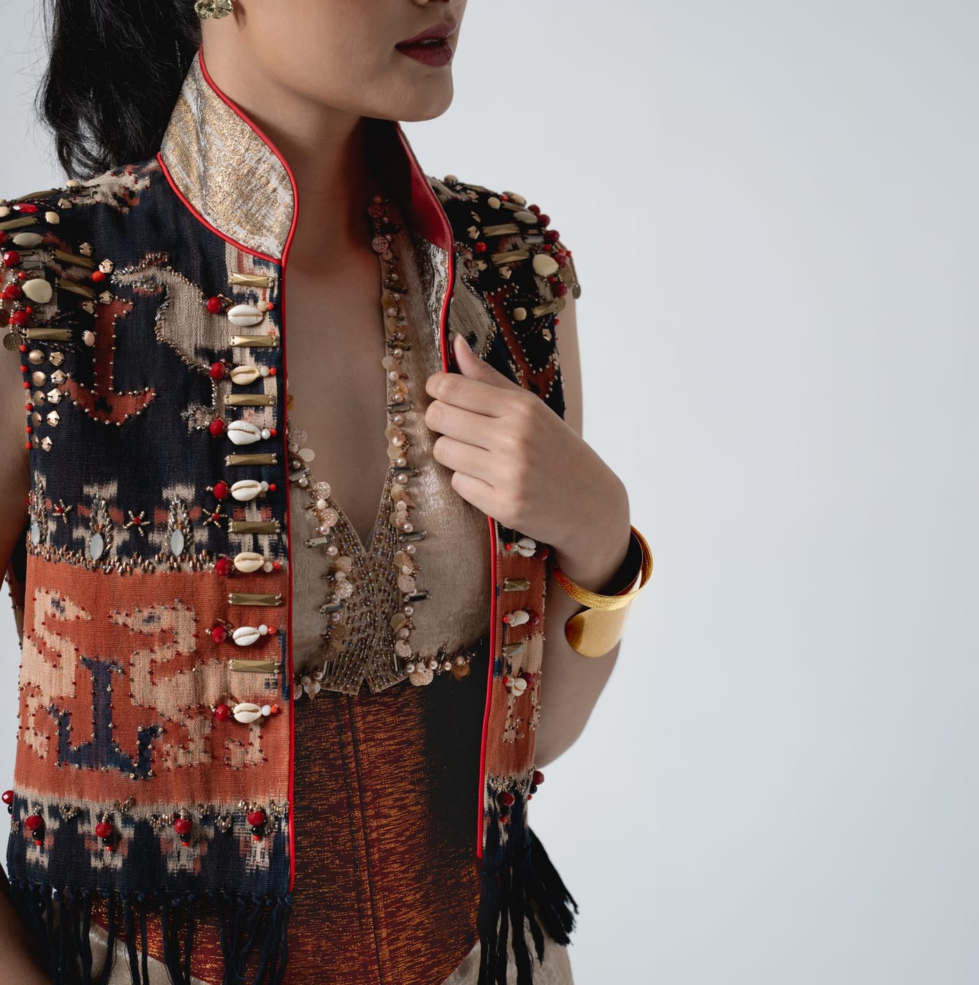Sumba Ikat Vest, Sumba ikat hand-beaded with shells and mirrors